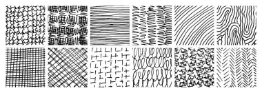 Bir dizi monokrom el yapımı çapraz kapak dokusu. Homurdanma ve taslak çizimleri, karalamalar, karalamalar ve çizim tarzı şablonlar. Vektör illüstrasyonu
