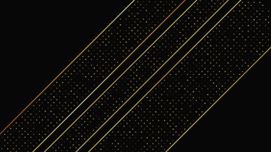 Soyut altın çizgileri ve parlak noktaları olan gösterişli, koyu bir arka plan. Işıldayan pırıltılı arkaplan. Modern şablonlar için şık ve zarif bir tasarım. Vektör illüstrasyonu