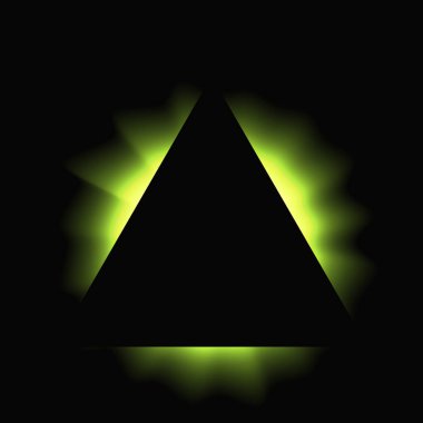 Üçgen çerçeveyi gradyanla aydınlat. Siyah arkaplanda yeşil üçgen neon pankartı var. Vektör illüstrasyonu