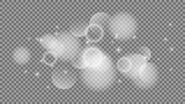 Bokeh şeffaf arkaplanda daireler çiziyor. Beyaz parlayan toz, parlayan ışıltı ve bokeh ışıkları. Vektör illüstrasyonu
