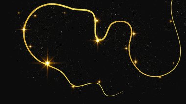 Altın parıldayan konfeti dalgası ve yıldız tozu. Koyu arkaplanda altın sihirli parıltılarla arka plan. Vektör illüstrasyonu