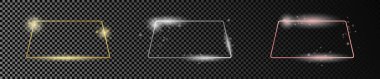 Üç altın, gümüş ve gül sarısı parlayan yuvarlak trapezoid çerçeveler koyu şeffaf arka planda izole. Parlak efektli parlak bir çerçeve. Vektör illüstrasyonu