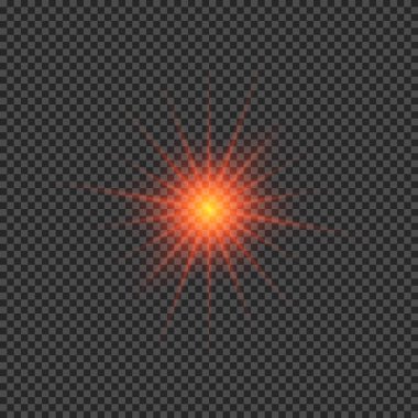 Lens fişeklerinin ışık etkisi. Şeffaf bir arka planda parıldayan kırmızı ışıklar yıldız patlaması efektleri. Vektör illüstrasyonu
