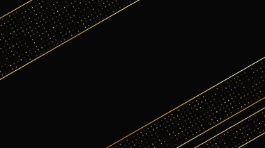 Soyut altın çizgileri ve parlak noktaları olan gösterişli, koyu bir arka plan. Işıldayan pırıltılı arkaplan. Modern şablonlar için şık ve zarif bir tasarım. Vektör illüstrasyonu
