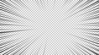 Şeffaf arkaplanda siyah çizgileri olan çizgi roman sayfası. Patlama ışınları desenli şablon dokuyu etkiler. Vektör illüstrasyonu