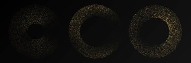 Soyut altın parlayan yarım tonlu noktalı arkaplan. Daire şeklinde üç altın parıltılı desen. Yarım ton noktalarını çember yapın. Vektör illüstrasyonu