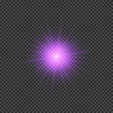 Lens fişeklerinin ışık etkisi. Mor parlak ışık efektleri ve şeffaf bir arka planda parıltılar. Vektör illüstrasyonu