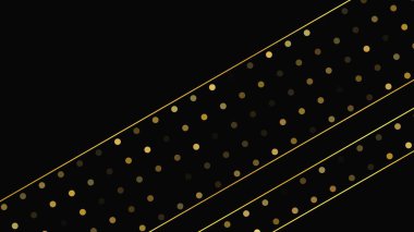 Soyut altın çizgileri ve parlak noktaları olan gösterişli, koyu bir arka plan. Işıldayan pırıltılı arkaplan. Modern şablonlar için şık ve zarif bir tasarım. Vektör illüstrasyonu