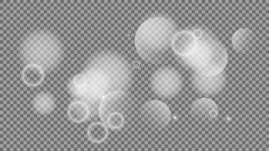 Bokeh şeffaf arkaplanda daireler çiziyor. Beyaz parlayan toz, parlayan ışıltı ve bokeh ışıkları. Vektör illüstrasyonu