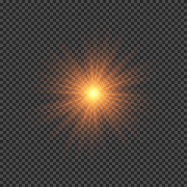 Lens fişeklerinin ışık etkisi. Şeffaf arkaplanda parıldayan turuncu ışıklar yıldız patlaması efektleri. Vektör illüstrasyonu