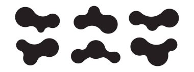 Birbirine bağlı noktalar ve şekil değiştiren kabarcıklar içeren altı soyut meta şekil seti. Sıvı, organik metabol formlu geometrik vektör simgeleri. Etiketler, posterler, çıkartmalar, şablonlar veya bilimsel görseller için ideal. Vektör illüstrasyonu