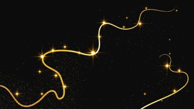 Altın parıldayan konfeti dalgası ve yıldız tozu. Koyu arkaplanda altın sihirli parıltılarla arka plan. Vektör illüstrasyonu