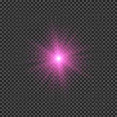 Lens fişeklerinin ışık etkisi. Mor parlak ışık efektleri ve şeffaf bir arka planda parıltılar. Vektör illüstrasyonu