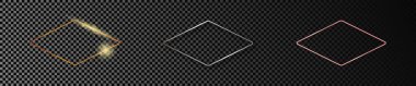 Üç altın, gümüş ve gül sarısı parlayan eşkenar dörtgen çerçeveler koyu şeffaf arkaplanda izole edilmiş. Parlak efektli parlak bir çerçeve. Vektör illüstrasyonu