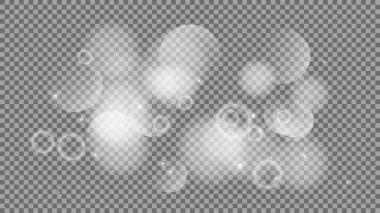 Bokeh şeffaf arkaplanda daireler çiziyor. Beyaz parlayan toz, parlayan ışıltı ve bokeh ışıkları. Vektör illüstrasyonu
