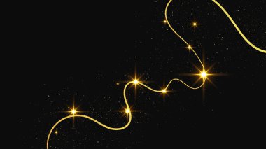 Altın parıldayan konfeti dalgası ve yıldız tozu. Koyu arkaplanda altın sihirli parıltılarla arka plan. Vektör illüstrasyonu