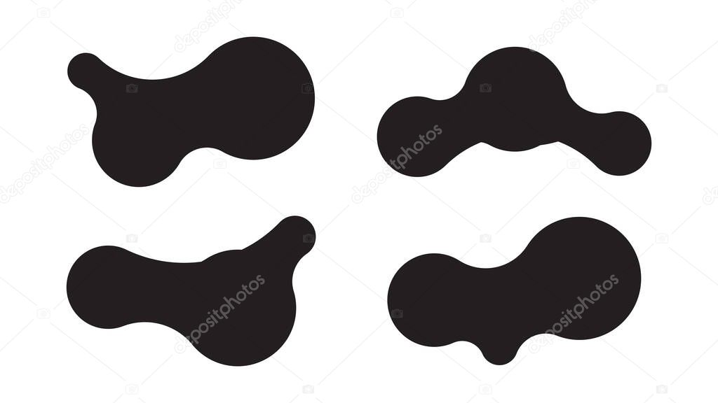 Set of four abstract metaball shapes with connected dots and morphing blobs. Geometric vector icons with fluid, organic metaball forms. Ideal for labels, posters, stickers, templates or scientific visualizations. Vector illustration