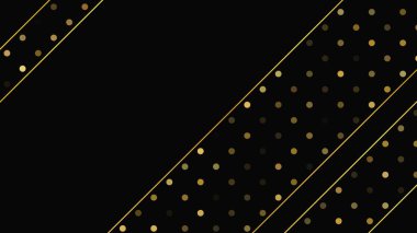 Soyut altın çizgileri ve parlak noktaları olan gösterişli, koyu bir arka plan. Işıldayan pırıltılı arkaplan. Modern şablonlar için şık ve zarif bir tasarım. Vektör illüstrasyonu