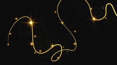 Altın parıldayan konfeti dalgası ve yıldız tozu. Koyu arkaplanda altın sihirli parıltılarla arka plan. Vektör illüstrasyonu