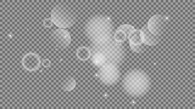 Bokeh şeffaf arkaplanda daireler çiziyor. Beyaz parlayan toz, parlayan ışıltı ve bokeh ışıkları. Vektör illüstrasyonu