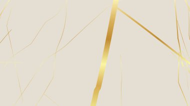Beyaz arka planda altın sarısı Kintsugi çatlak deseni. Kırık mermere benzeyen altın çatlakların dokusu. Düğün kartları, posterler ve lüks tasarım şablonları için ideal. Vektör illüstrasyonu
