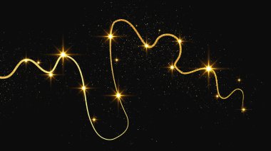 Altın parıldayan konfeti dalgası ve yıldız tozu. Koyu arkaplanda altın sihirli parıltılarla arka plan. Vektör illüstrasyonu