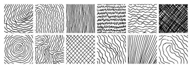 Bir dizi monokrom el yapımı çapraz kapak dokusu. Homurdanma ve taslak çizimleri, karalamalar, karalamalar ve çizim tarzı şablonlar. Vektör illüstrasyonu