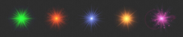 Light effect of lens flares. Set of five multicolor glowing lights starburst effects with sparkles on a transparent background. Vector illustration