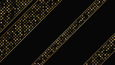 Soyut altın çizgileri ve parlak noktaları olan gösterişli, koyu bir arka plan. Işıldayan pırıltılı arkaplan. Modern şablonlar için şık ve zarif bir tasarım. Vektör illüstrasyonu