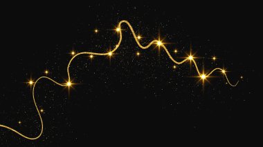 Altın parıldayan konfeti dalgası ve yıldız tozu. Koyu arkaplanda altın sihirli parıltılarla arka plan. Vektör illüstrasyonu