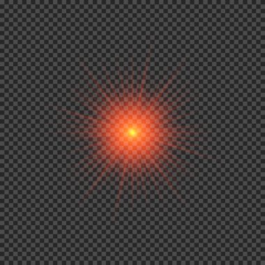 Lens fişeklerinin ışık etkisi. Şeffaf bir arka planda parıldayan kırmızı ışıklar yıldız patlaması efektleri. Vektör illüstrasyonu