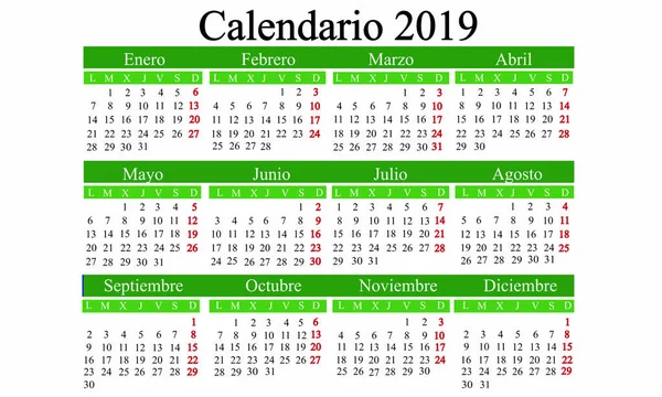 Calendario Español 2019 Calendario Año Nuevo Año Calendario 2019 Calendario — Vector de stock