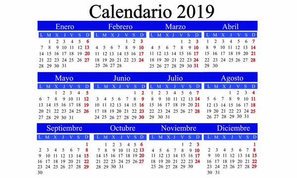 Calendario Español 2019 Calendario Año Nuevo Año Calendario 2019 Calendario — Archivo Imágenes Vectoriales