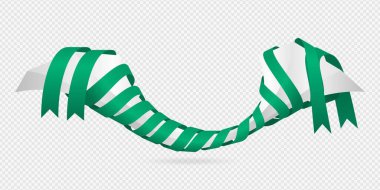 Beyaz arka planda iki yeşil kurdeleye sarılı beyaz 3D nesne