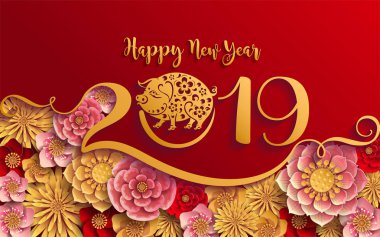 Mutlu Çin Yeni Yılı 2019 Zodiac tabelası. Renkli arka planda sanat ve zanaat sanatı kesimi. (Çince çeviri: domuz yılı)