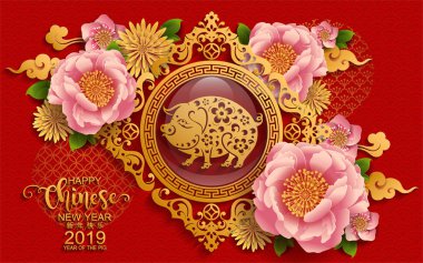 Mutlu çene yeni yıl 2019 burç kağıt ile sanat ve el sanatları tarzı renk arka plan kes. (Çince çeviri: yıl domuz)