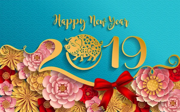 Šťastný Čínský Nový Rok 2019 Znamení Zvěrokruhu Papírem Řez Umění — Stockový vektor