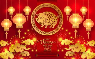 Mutlu çene yeni yıl 2019 burç kağıt ile sanat ve el sanatları tarzı renk arka plan kes. (Çince çeviri: yıl domuz)