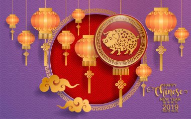 Mutlu çene yeni yıl 2019 burç kağıt ile sanat ve el sanatları tarzı renk arka plan kes. (Çince çeviri: yıl domuz)