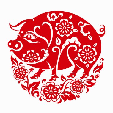 Mutlu Çin Yeni Yılı 2019 Zodiac tabelası. Renkli arka planda sanat ve zanaat sanatı kesimi. (Çince çeviri: domuz yılı)