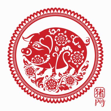 Mutlu Çin Yeni Yılı 2019 Zodiac tabelası. Renkli arka planda sanat ve zanaat sanatı kesimi. (Çince çeviri: domuz yılı)