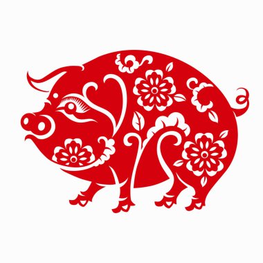 Mutlu Çin Yeni Yılı 2019 Zodiac tabelası. Renkli arka planda sanat ve zanaat sanatı kesimi. (Çince çeviri: domuz yılı)