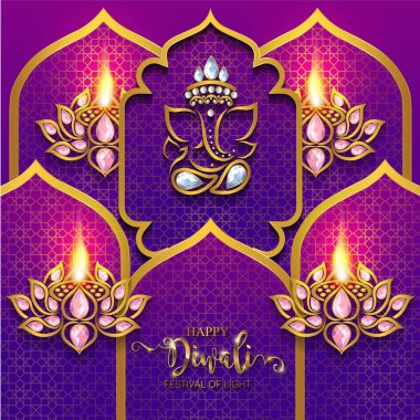 Mutlu Diwali festivali kartıyla altın diya desenli ve kristaller kağıt üzerinde arka plan rengini.