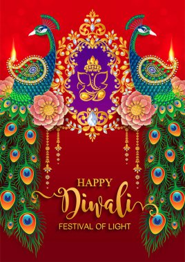 Mutlu Diwali festivali kartıyla altın diya desenli ve kristaller kağıt üzerinde arka plan rengini.