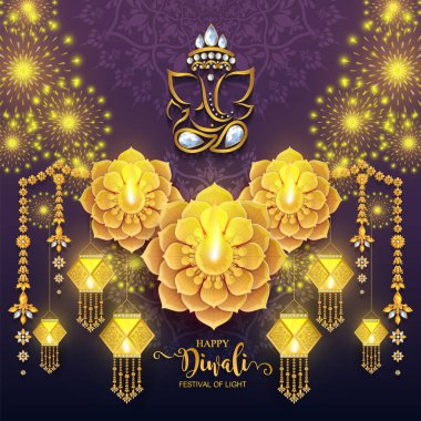 Mutlu Diwali festivali kartıyla altın diya desenli ve kristaller kağıt üzerinde arka plan rengini.