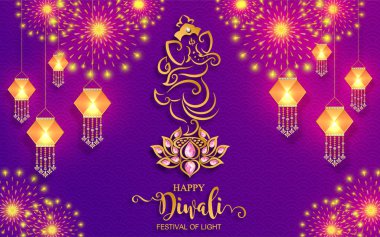 Mutlu Diwali festivali kartıyla altın diya desenli ve kristaller kağıt üzerinde arka plan rengini.