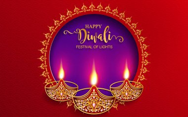 Happy Diwali festival card with gold diya patterned and crystals on paper color Background. clipart