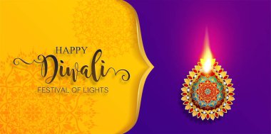 Mutlu Diwali festivali kartıyla altın diya desenli ve kristaller kağıt üzerinde arka plan rengini.