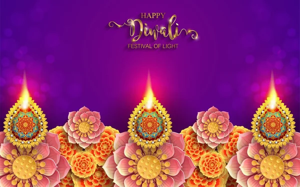 Tarjeta Del Festival Diwali Feliz Con Diya Oro Modelado Cristales — Vector de stock