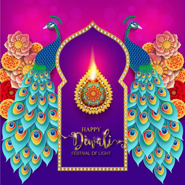 Happy Diwali Carte Festival Avec Diya Motifs Cristaux Sur Papier — Image vectorielle